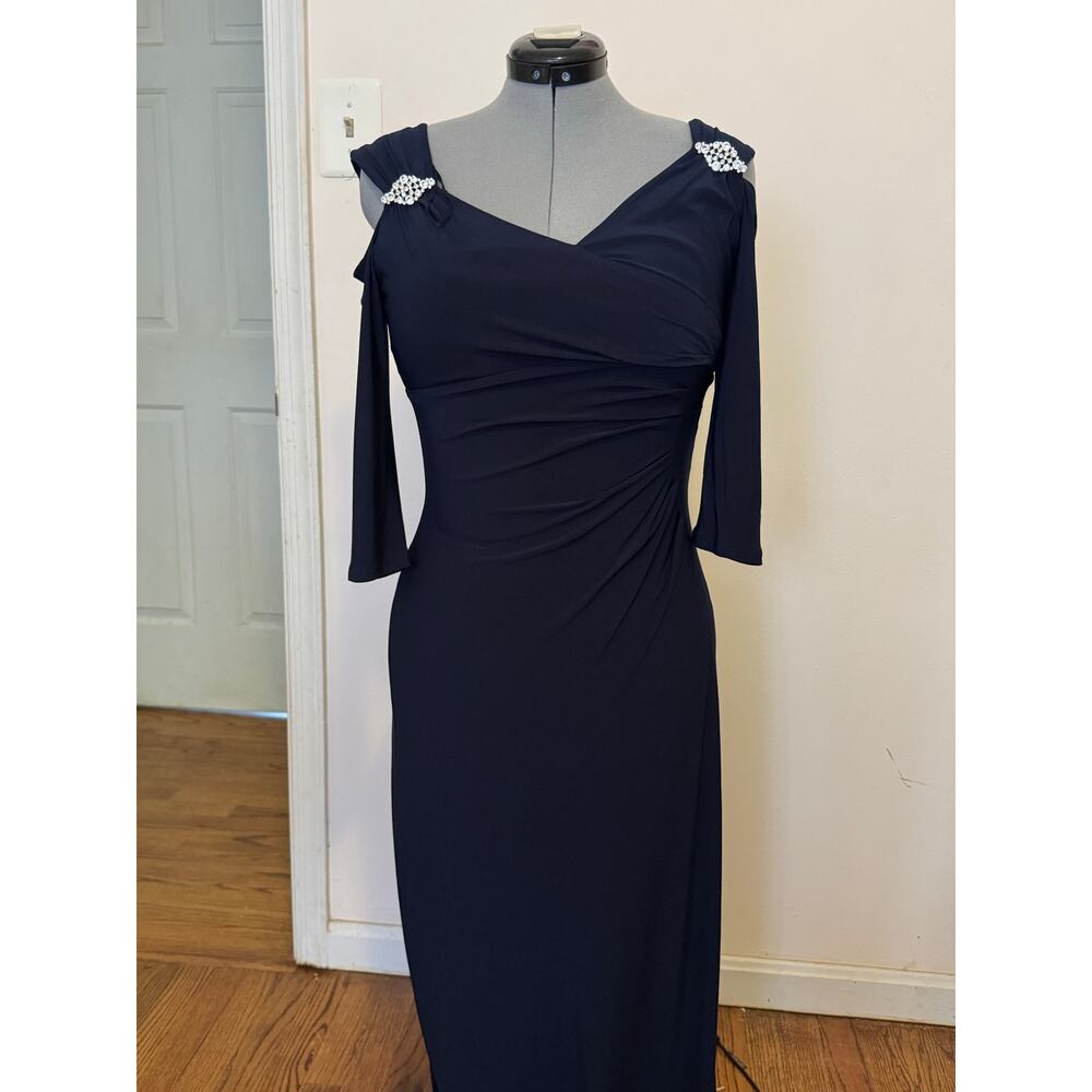 R&M Richards Navy Blue Formal Maxi Dress Women Rhinestone Shoulder Formal Size 6